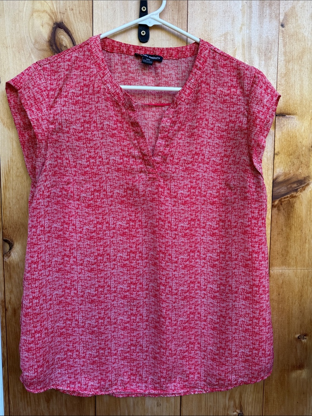 Red Heathered Cap-Sleeve V-Neck Blouse